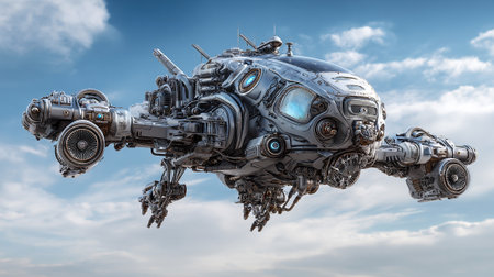 A complex, futuristic spacecraft floats in the air with a partly cloudy sky background. Heavily detailed, the metallic vehicle displays intricate mechanisms, glowing components, and unique design elements, creating a vision of advanced technology.の素材