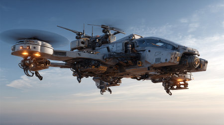 A detailed view of a futuristic aircraft, showcases a complex design, emphasizing its rotors, lighting, and overall mechanical appearance. The vehicle is soaring through the light-blue sky and wispy clouds.の素材