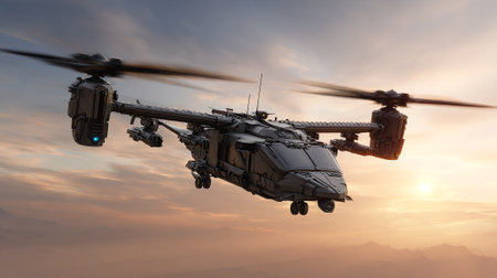 A dark, advanced tiltrotor aircraft flies in the sky during sunset, with spinning propellers and detailed mechanical design. The background showcases the warm colors of sunset above hazy terrain.の素材