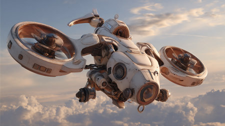 This image showcases a futuristic drone with a mechanical design, suspended against a backdrop of serene clouds and a subtle sunset. Its aged, worn texture suggests untold stories and explorations.の素材