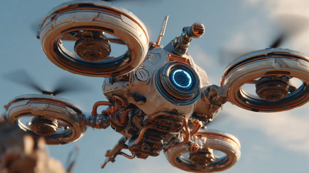 This image showcases a sophisticated futuristic drone hovering in the air, featuring detailed machinery, multiple rotors, advanced technology and a metallic exterior, set against a sky backdrop.の素材