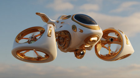 A futuristic, white and gold personal air vehicle with visible gears hovers against a sky with light clouds. The vehicle showcases advanced technology and luxurious design for individual transportation.の素材