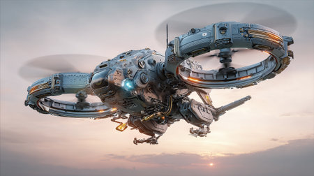 This image showcases a sophisticated, futuristic drone hovering against the backdrop of a serene sky at sunset. The drone exhibits intricate mechanical details and advanced technological features, emphasizing a concept of advanced future aviation.の素材