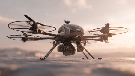 A detailed shot showcasing an advanced drone featuring multiple propellers, landing gear, and a high-resolution camera. It is positioned on a flat surface with a soft, blurred background at dusk.の素材