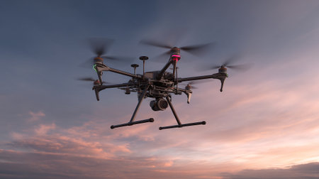 The image showcases a modern drone in flight, with its propellers blurred with motion. It's set against a captivating backdrop of a colorful sunset with hues of pink and purple clouds.の素材