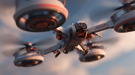 This striking image showcases a modern, futuristic drone in flight. Its sleek white and gray design is accented by vibrant red details. The drone is set against a soft, blurred sky.の素材