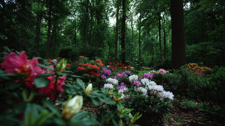 Vibrant Azaleas Blooming in Lush Green Forest Under Tall Trees Canopyの素材