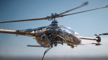 The image showcases a futuristic, highly detailed, metallic drone resembling a helicopter. The intricate design is set against a blurred light blue sky, suggesting a modern aerial vehicle or concept.の素材