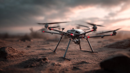 A high-tech drone stands poised on arid ground, its camera ready to capture aerial views. The setting sun casts a warm glow over the landscape, highlighting the drone's modern design.の素材