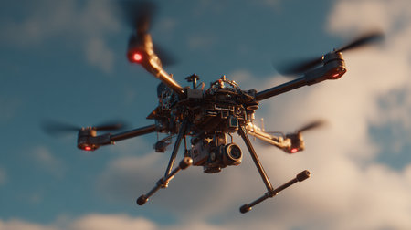 A sophisticated drone with spinning propellers and a prominent camera system is captured in mid-air. The sky serves as a beautiful backdrop, with the machine reflecting sunlight and capturing attention.の素材