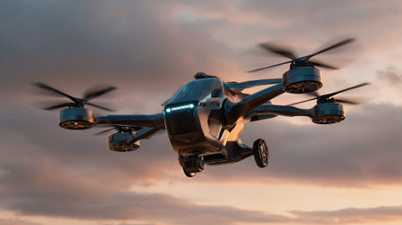 An advanced drone with six rotors and a camera soars against a backdrop of colorful, dramatic clouds. The image emphasizes the drone's technology, its sleek design, and its flight capability.の素材