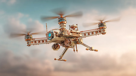 A highly detailed, intricately designed steampunk drone is captured in mid-flight against a soft, cloudy sky. The drone showcases a complex array of metallic parts and old elements blended with modern features.の素材