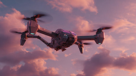 A futuristic drone is captured mid-flight, set against a stunning backdrop of a pink and purple sunset sky. The drone's propellers are blurred, suggesting motion and speed.の素材