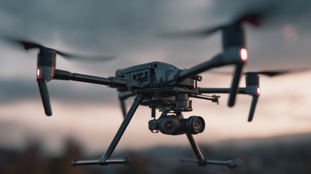 This image shows a professional drone, with a high-resolution camera, gracefully hovering in the sky during either the soft light of dawn or dusk. The drone is black and gray.の素材