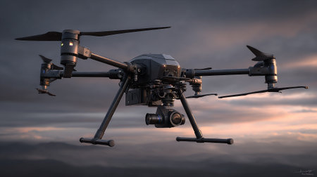 This is a detailed shot of a professional drone featuring advanced camera system. The drone is set against the backdrop of cloudy sky with the sunset hues, highlighting its technical design.の素材
