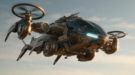 This image showcases a futuristic aircraft, meticulously designed with intricate details and set against a backdrop of a light sky. The vehicle is equipped with circular rotors and mounted armament, conveying power.の素材