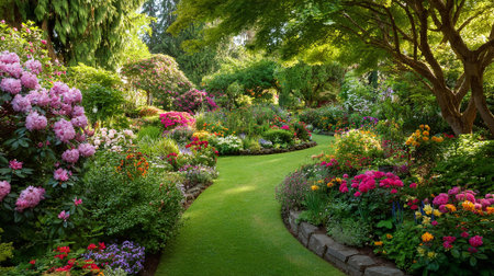 Lush Garden Pathway with Abundant Flowers and Greenery Creates a Peaceful Sceneの素材