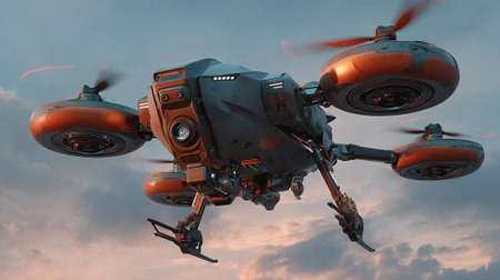 The image features a highly detailed, futuristic drone with rotating propellers, set against a gradient sky. This sophisticated machinery suggests advanced technology and applications in aerial surveillance and delivery systems.の素材