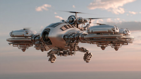 A stylized 3D rendering of a futuristic silver aircraft with helicopter propellers is depicted, hovering in a hazy sky. The advanced technology boasts complex mechanical components and landing gear.の素材