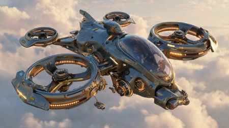 A sophisticated, futuristic aircraft glides through a cloudy sky, showcasing advanced technology. The vehicle features multiple rotors and a streamlined design, suggesting innovation and efficiency for future transportation, creating a visionary aesthetic.の素材