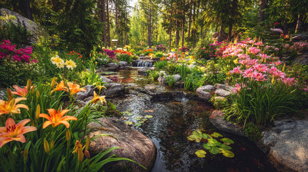 Serene Stream in Lush Forest Garden with Colorful Wildflowers and Greeneryの素材