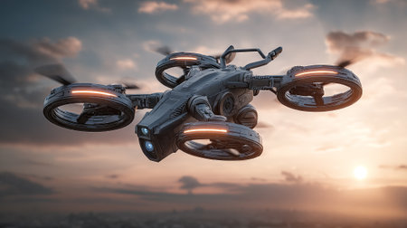Captivating image showcasing a sophisticated black futuristic drone hovering gracefully against a backdrop of a dusky sunset sky. The advanced technology and sleek design exemplify the future of aerial vehicles.の素材