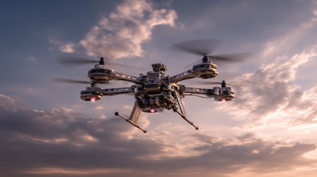 High-tech drone with four rotors hovering against a dramatic, colorful sky. Clouds are illuminated by the warm, fading light of sunset. The drone is shown with intricate details, creating a sense of technological advancement.の素材