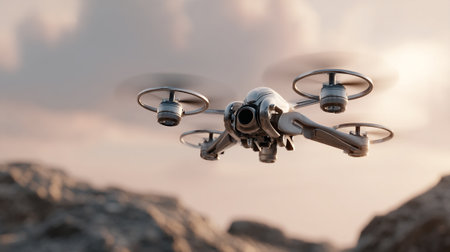 A futuristic silver drone flies above a rocky landscape against a muted pink and orange sunset. Its propellers blur during operation, showcasing modern technology and aerial capabilities.の素材