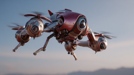 An advanced, futuristic drone with burgundy and silver metallic components is captured in mid-flight against a serene sky backdrop. The intricate robotic design showcases technological innovation and unmanned aerial vehicle capabilities.の素材
