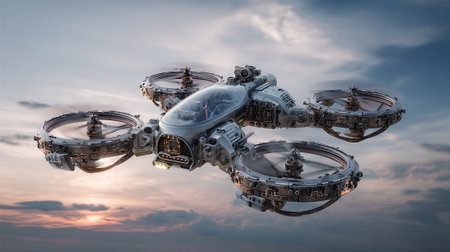 This image displays a technologically advanced aircraft with four rotor blades against a backdrop of light blue skies with softly colored clouds at sunset. It evokes themes of future innovation.の素材