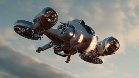 A detailed 3D rendering showcases a futuristic spacecraft gliding through the air. The craft boasts a gleaming, metallic finish under a pastel sky. The vehicle is captured against cloudscape backdrop.の素材