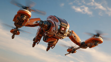 A detailed view from below reveals a futuristic, orange-and-white drone with whirring propellers against a backdrop of blue sky, creating an exciting technological design statement.の素材