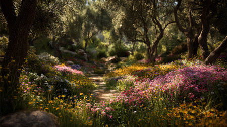 Serene garden path lined with vibrant wildflowers and olive trees.の素材