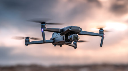 An advanced drone gracefully hovers against a backdrop of a pastel-colored sunset sky with dynamic clouds, presenting modern aerial photography technology for various industry applications and cinematic visuals.の素材