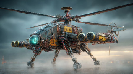 This image showcases an intricately designed futuristic helicopter with detailed mechanical components, visible wiring, and unique structural elements. The helicopter stands on a misty surface with a cloudy background, creating an atmospheric scene.の素材