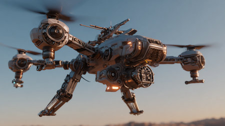 Detailed image of a sophisticated, futuristic military drone with intricate mechanical components, captured against a clear sky backdrop. It displays impressive design and technology, suitable for sci-fi and future concept visualizations.の素材