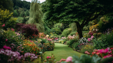Lush green garden pathway through vibrant flowers and foliage in springtime.の素材