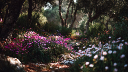 Serene wildflower meadow through ancient trees, a sun-dappled path winds through nature.の素材