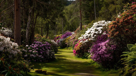 Enchanting Woodland Path Surrounded by Vibrant Rhododendrons and Lush Greeneryの素材