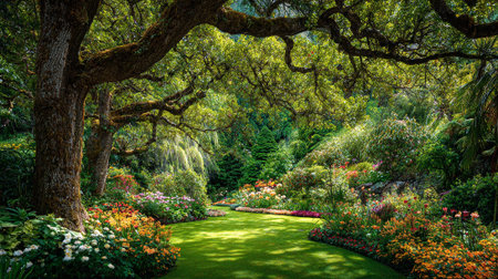 Lush Garden Paradise with Vibrant Flowers and Verdant Green Lawnの素材