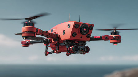 A red, high-tech drone with cameras hovers in the air. The drone's rotors are blurred, and it faces forward with antennas, over a blurred ocean backdrop.の素材