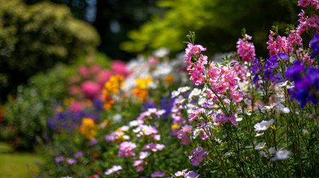 Vibrant floral display in natural light enhances peaceful garden setting.の素材