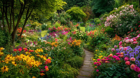 Lush Flower Garden: An Abundance of Blooms Along a Stone Path.の素材