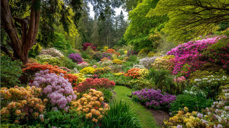 Lush Rhododendron Garden with Colorful Blossoms in Springtime Woodland Sceneryの素材