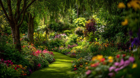 Enchanted Garden Path with Lush Greenery and Vibrant Flowers Abound.の素材