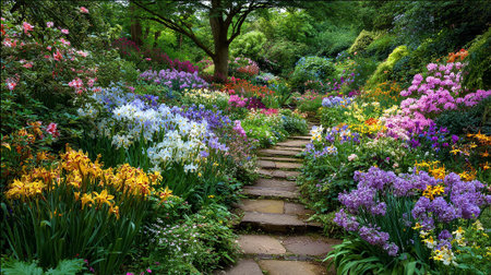 Serene floral path through a lush garden with vibrant blossomsの素材