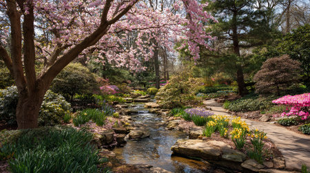 Serene Spring Garden Landscape with Cherry Blossoms and Flowing Streamの素材