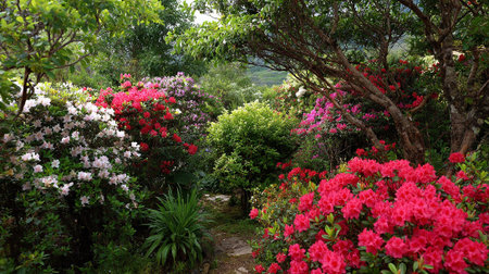 Vivid Azaleas Adorn a Tranquil Garden Pathway in the Summertimeの素材