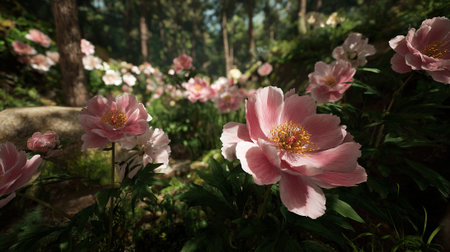 Serene Pink Peony Garden: A Captivating Scene of Floral Beauty and Natureの素材