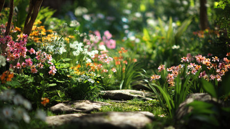 Serene garden path amidst wildflowers in bloom, bathed in gentle sunlight.の素材